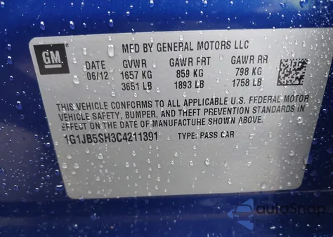 2012 Chevrolet Sonic 1Ls from USA, damaged, VIN 1G1JB5SH3C4211391